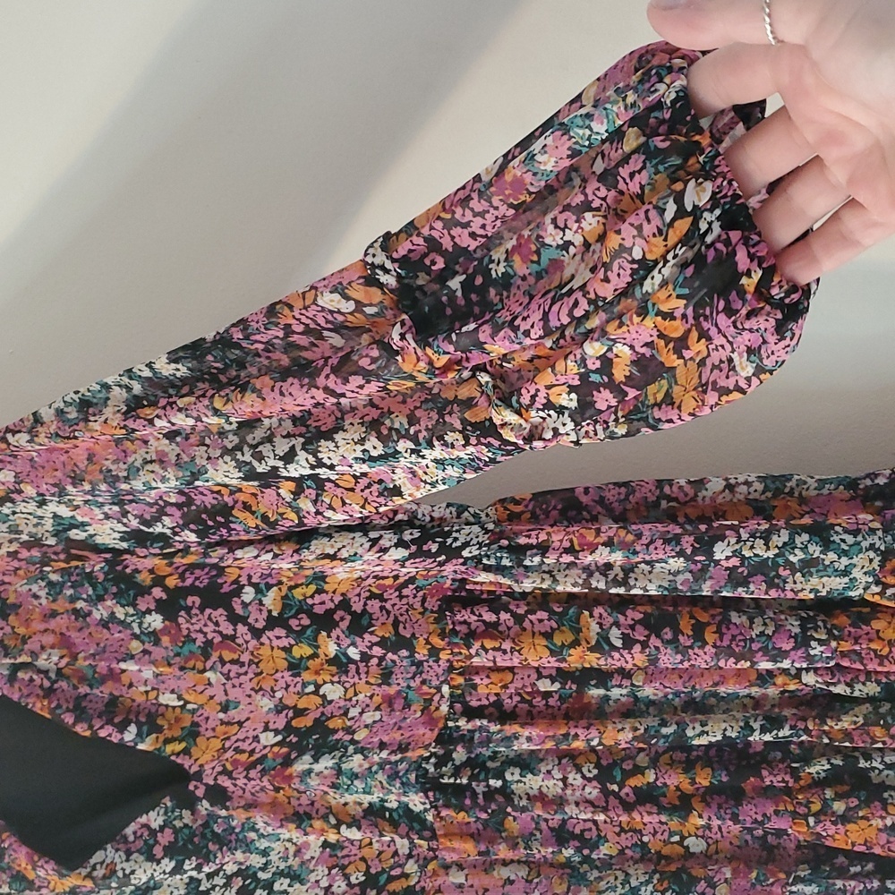 Vince Camuto Floral Babydoll Mini Dress Size Large Sheer Longsleeve Split V-Neck - Picture 2 of 13